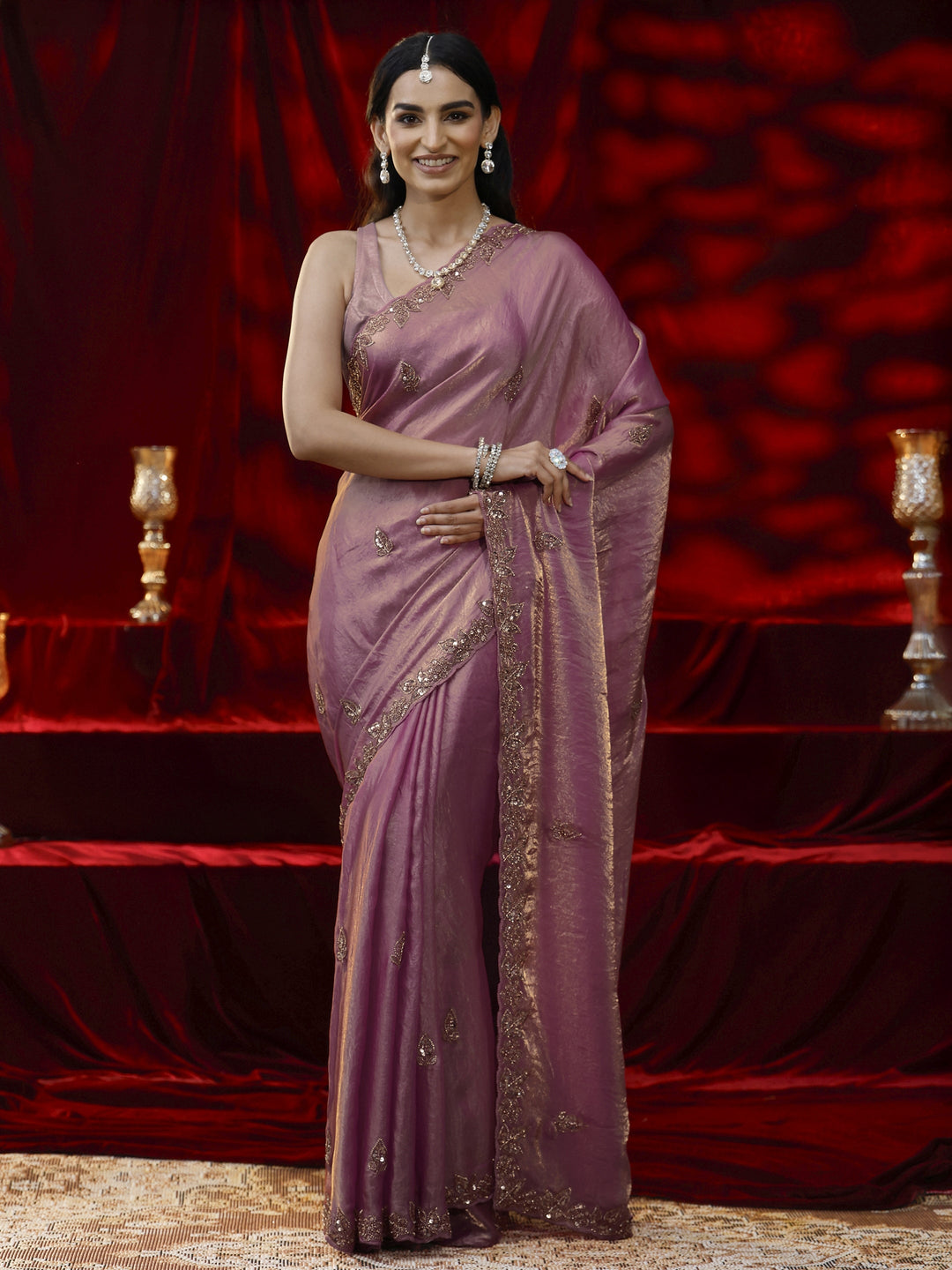 Libas Pink Embellished Tissue Saree