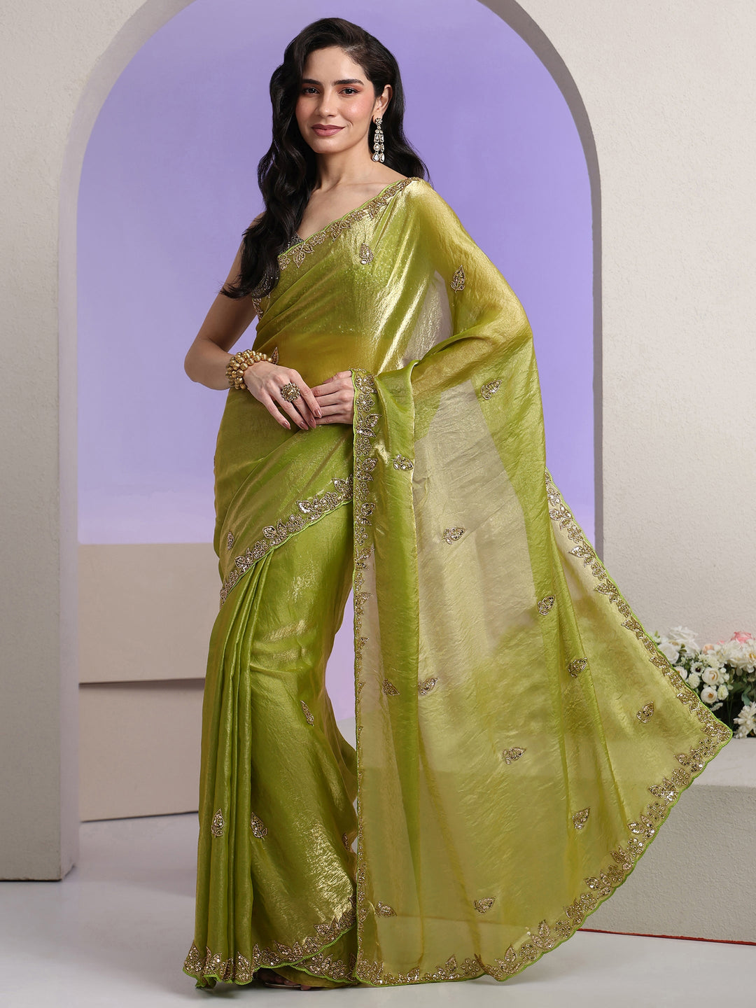 Libas Lime Green Embellished Tissue Saree