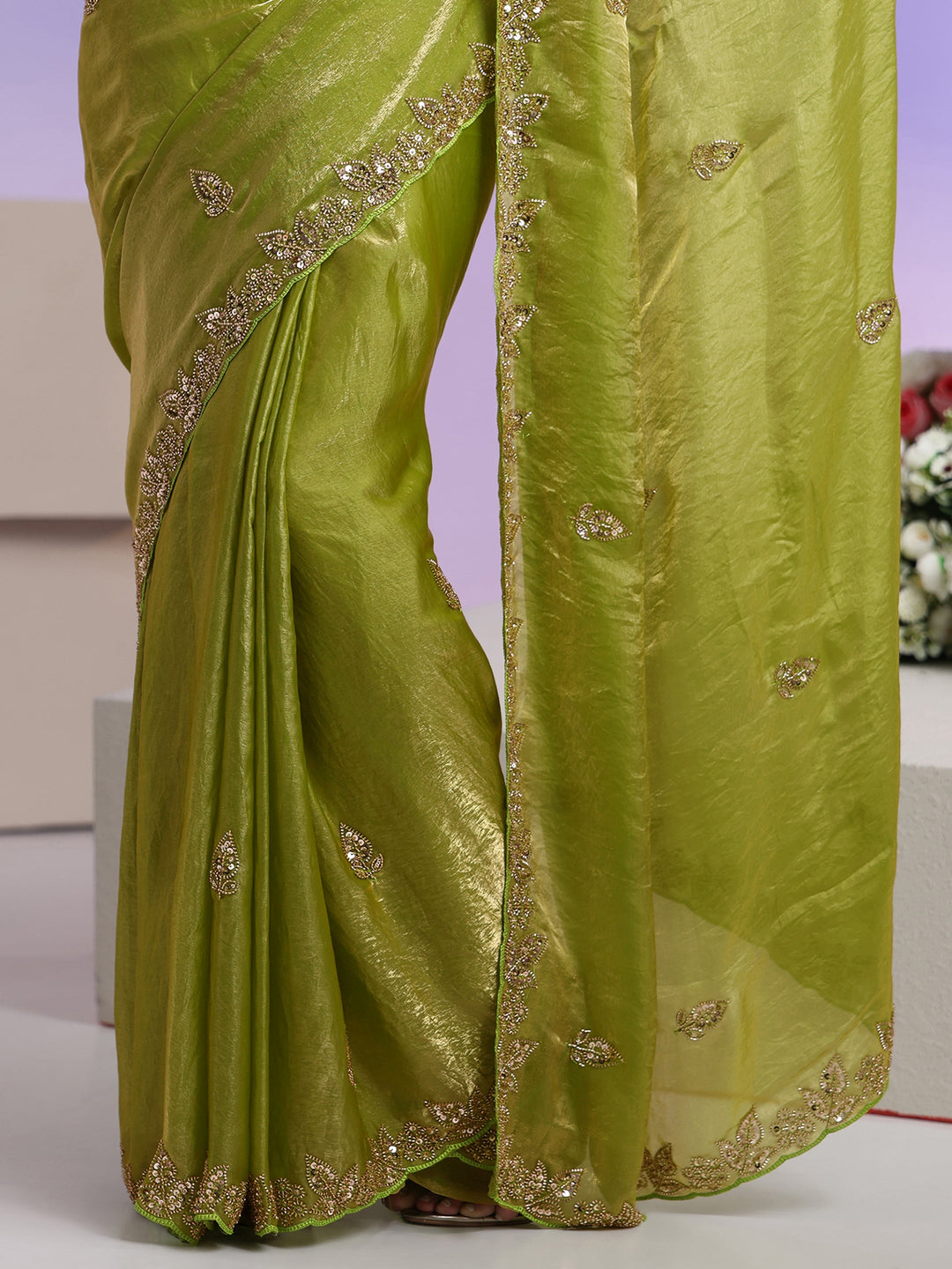 Libas Lime Green Embellished Tissue Saree