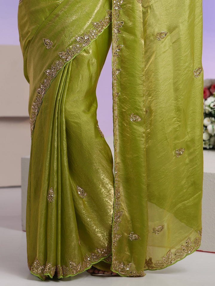 Libas Lime Green Embellished Tissue Saree