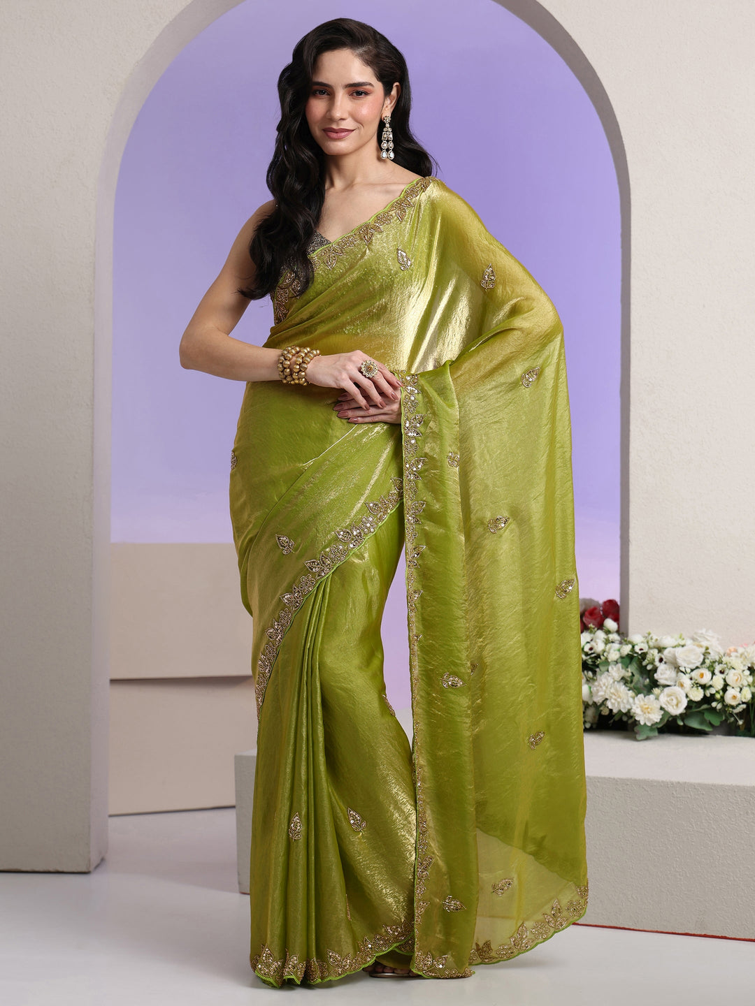 Libas Lime Green Embellished Tissue Saree