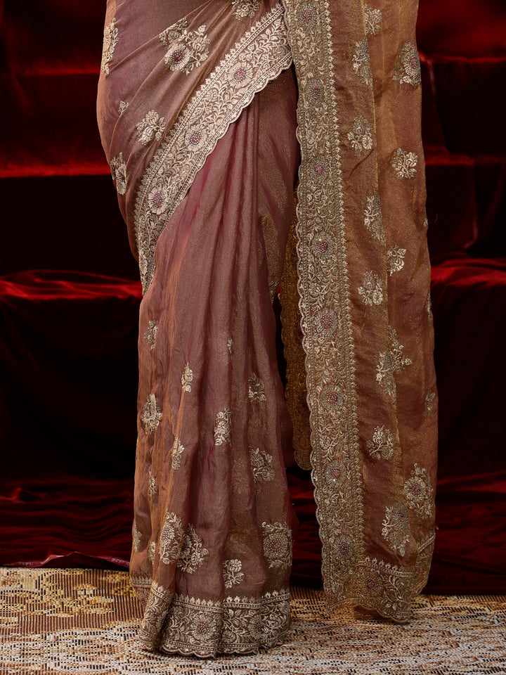 Libas Pink Floral Embroidered Tissue Saree
