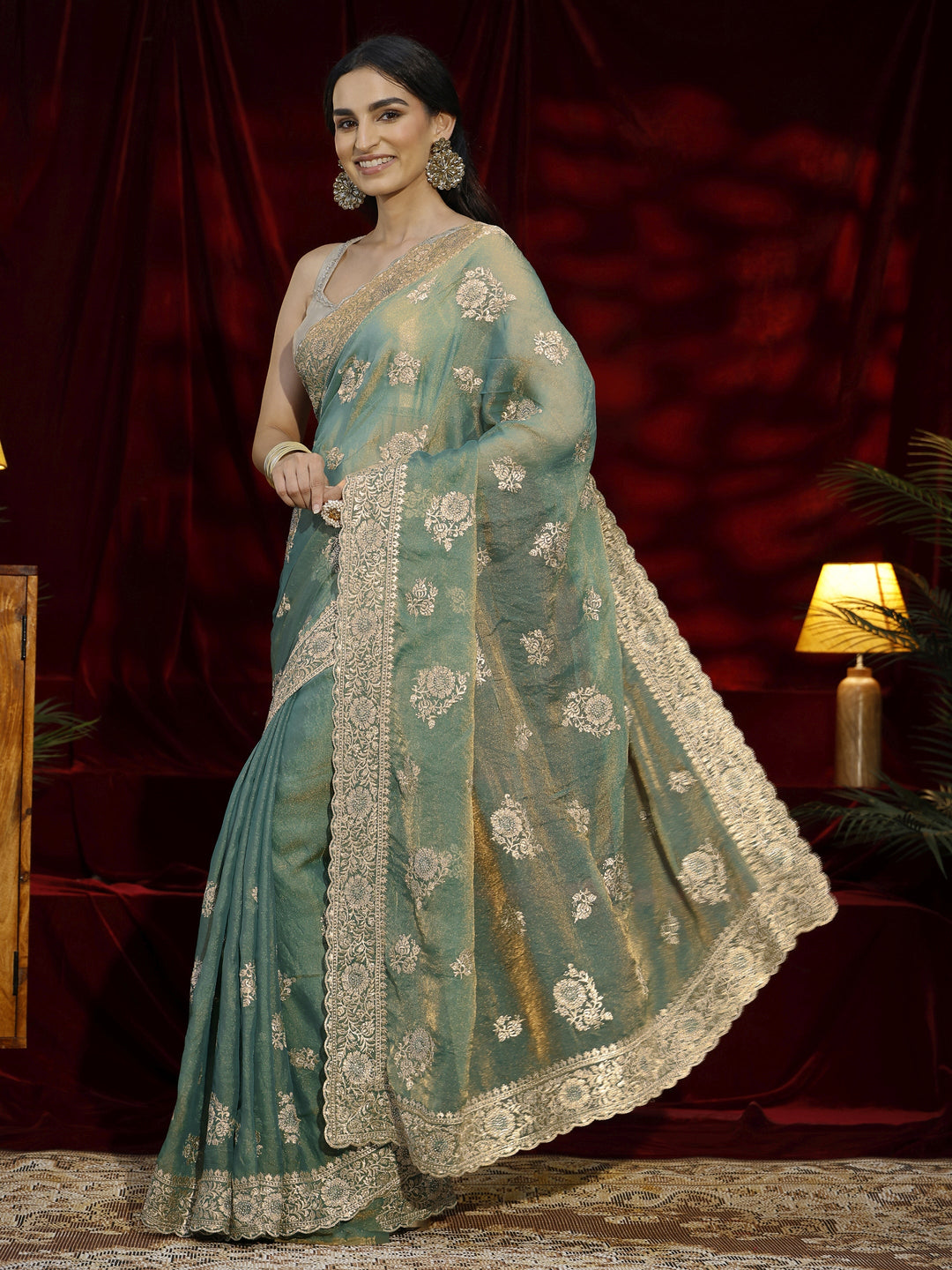 Libas Green Floral Embroidered Tissue Saree