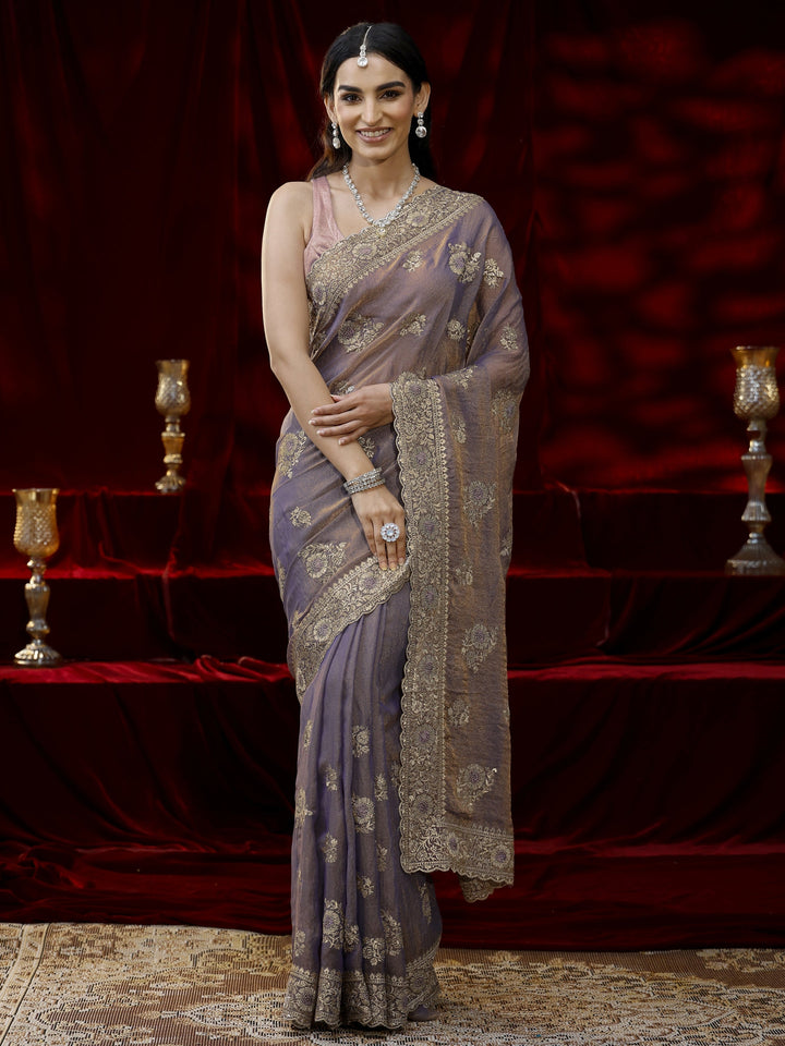 Libas Lavender Floral Embroidered Tissue Saree