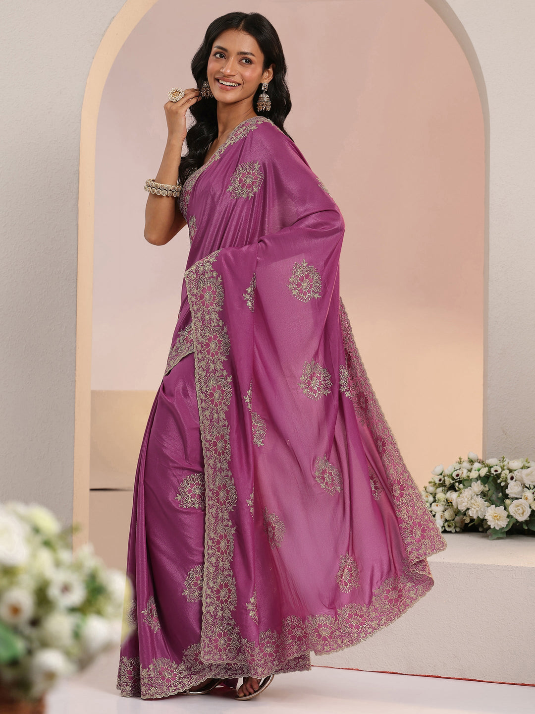 Libas Dusty Rose Pink Floral Embroidered Tissue Saree