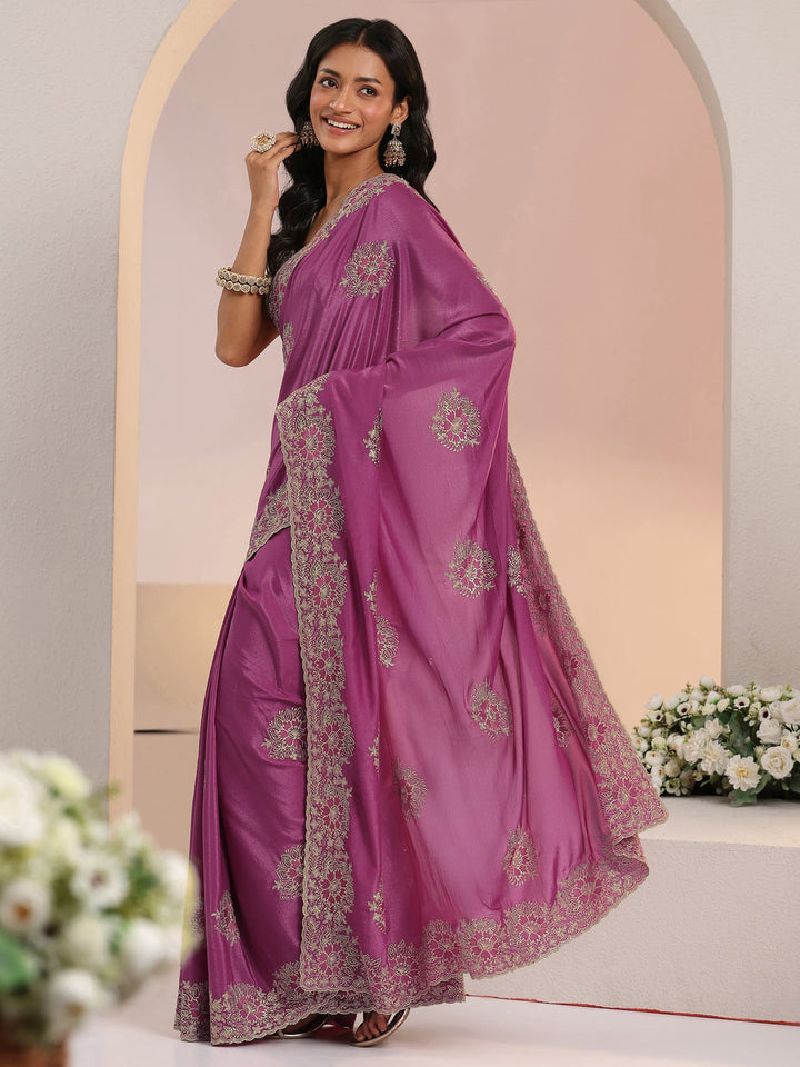 Libas Dusty Rose Pink Floral Embroidered Tissue Saree