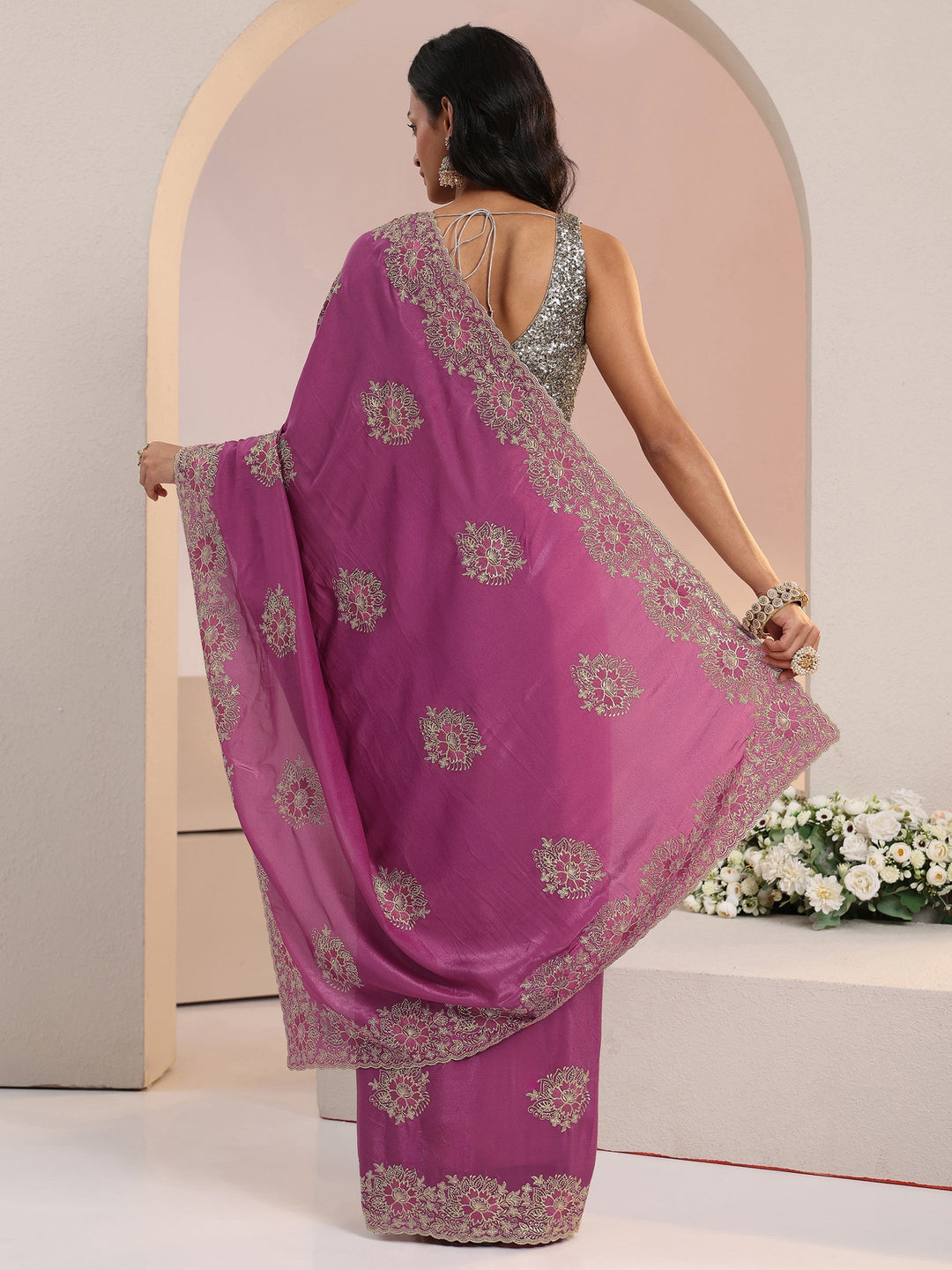 Libas Dusty Rose Pink Floral Embroidered Tissue Saree