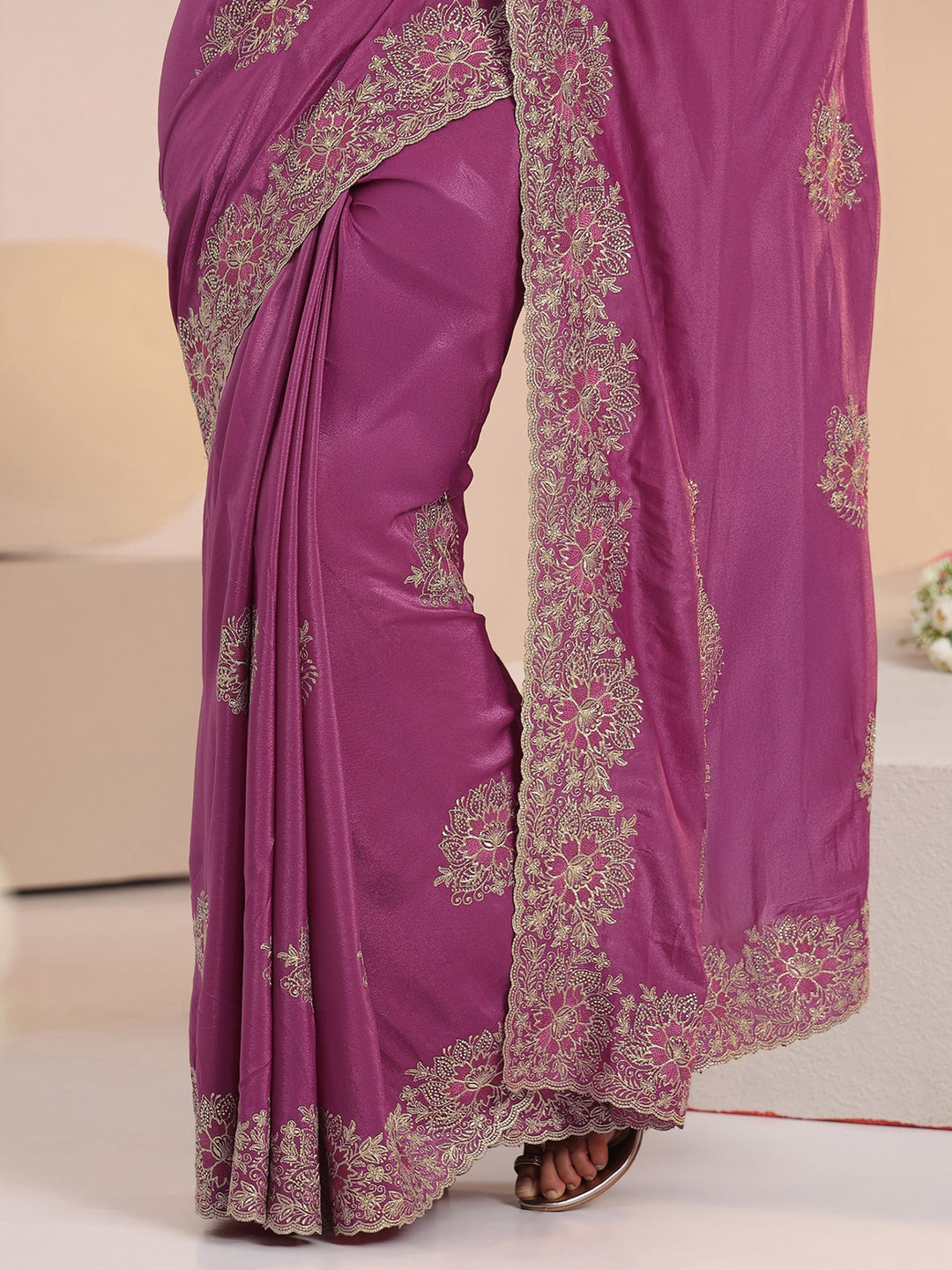 Libas Dusty Rose Pink Floral Embroidered Tissue Saree