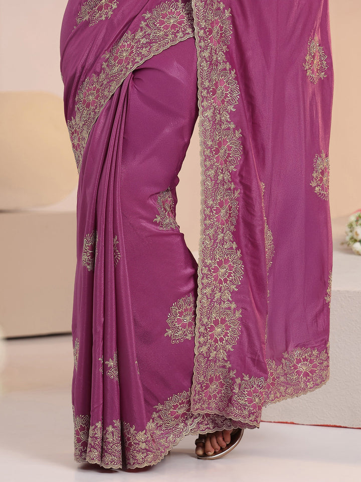 Libas Dusty Rose Pink Floral Embroidered Tissue Saree