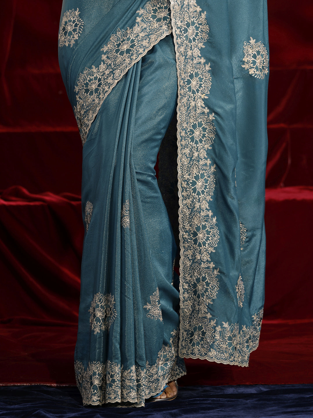 Libas Green Floral Embroidered Tissue Saree