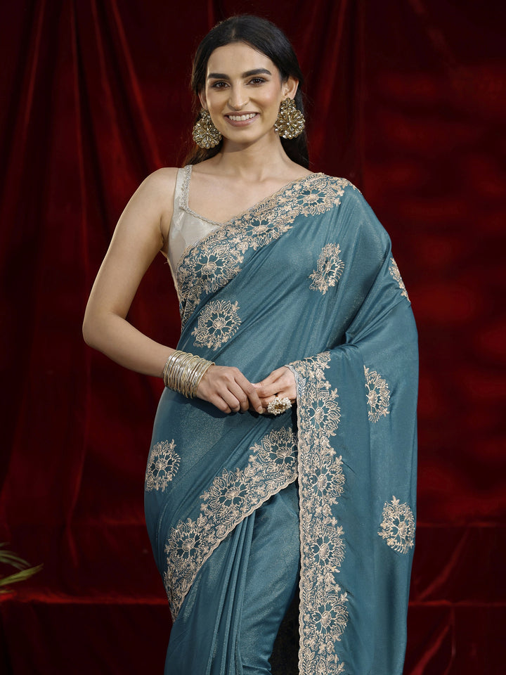 Libas Green Floral Embroidered Tissue Saree