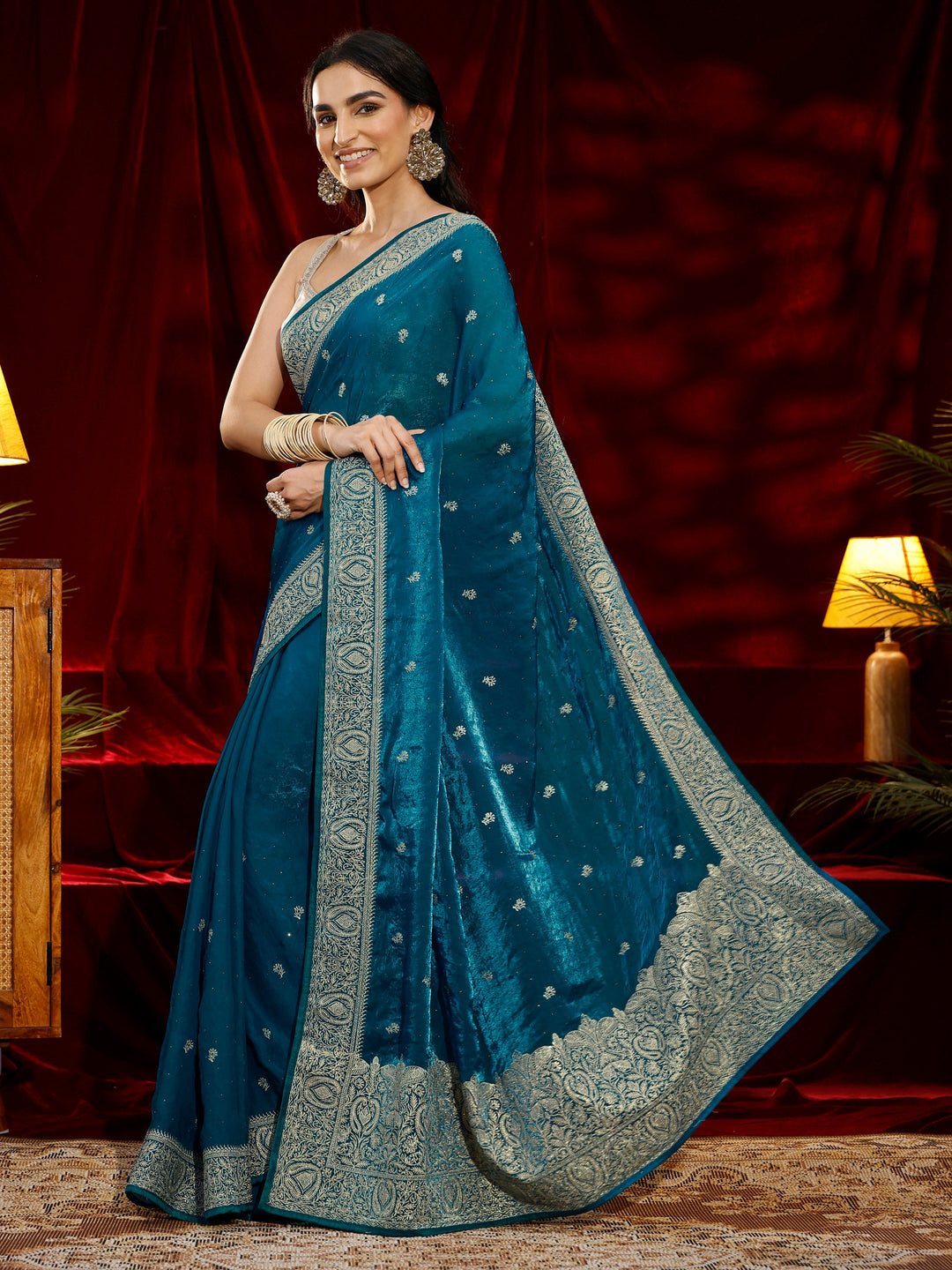 Libas Blue Floral Embroidered Tissue Saree