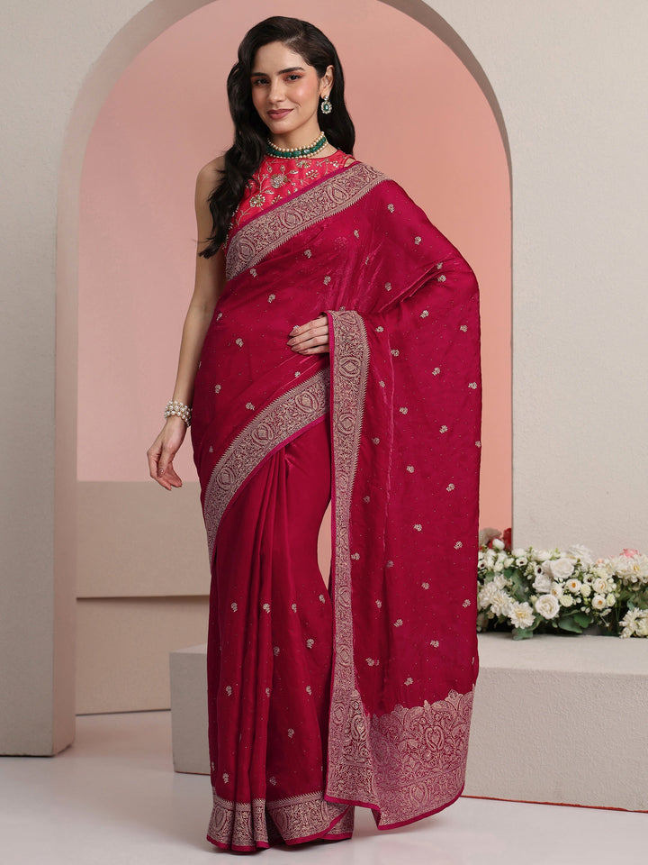 Libas Rani Pink Embroidered Tissue Saree
