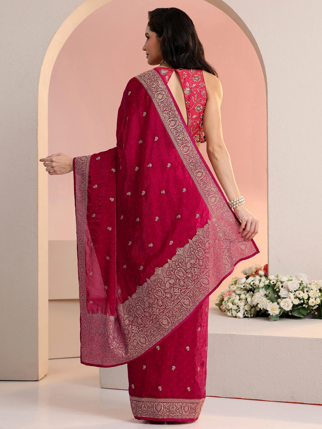 Libas Rani Pink Embroidered Tissue Saree