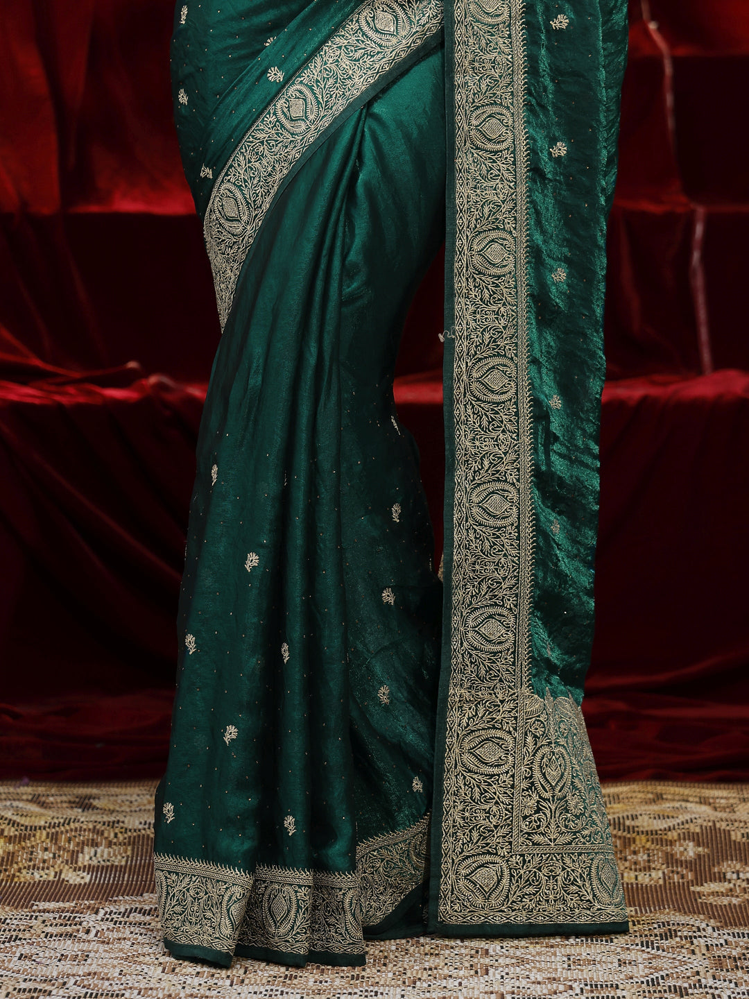 Libas Green Floral Embroidered Tissue Saree