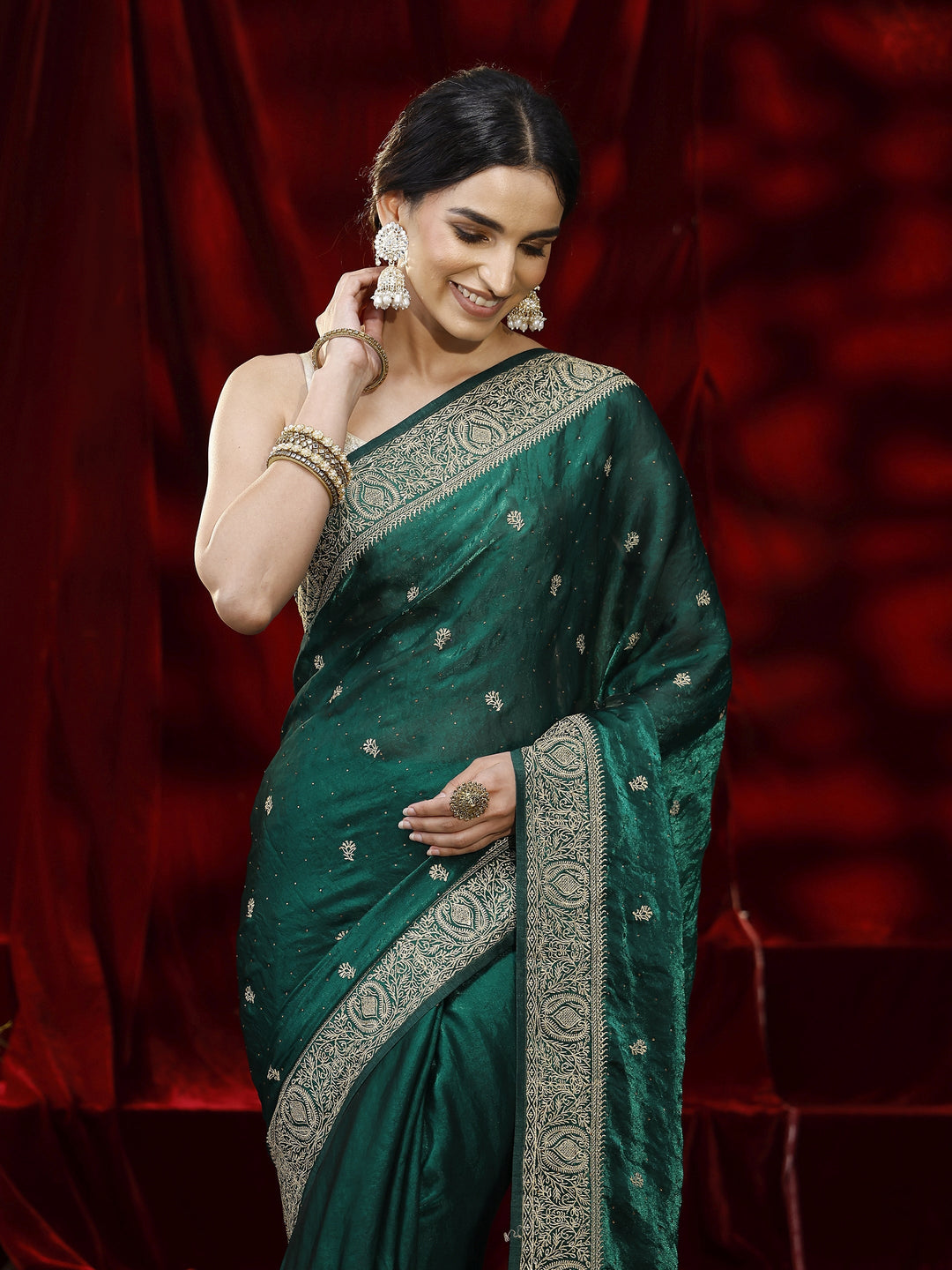 Libas Green Floral Embroidered Tissue Saree