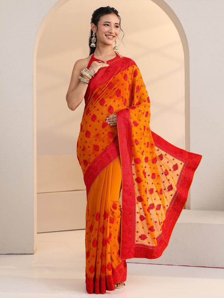 Libas Pulp Orange Georgette Saree with Embroidered Border