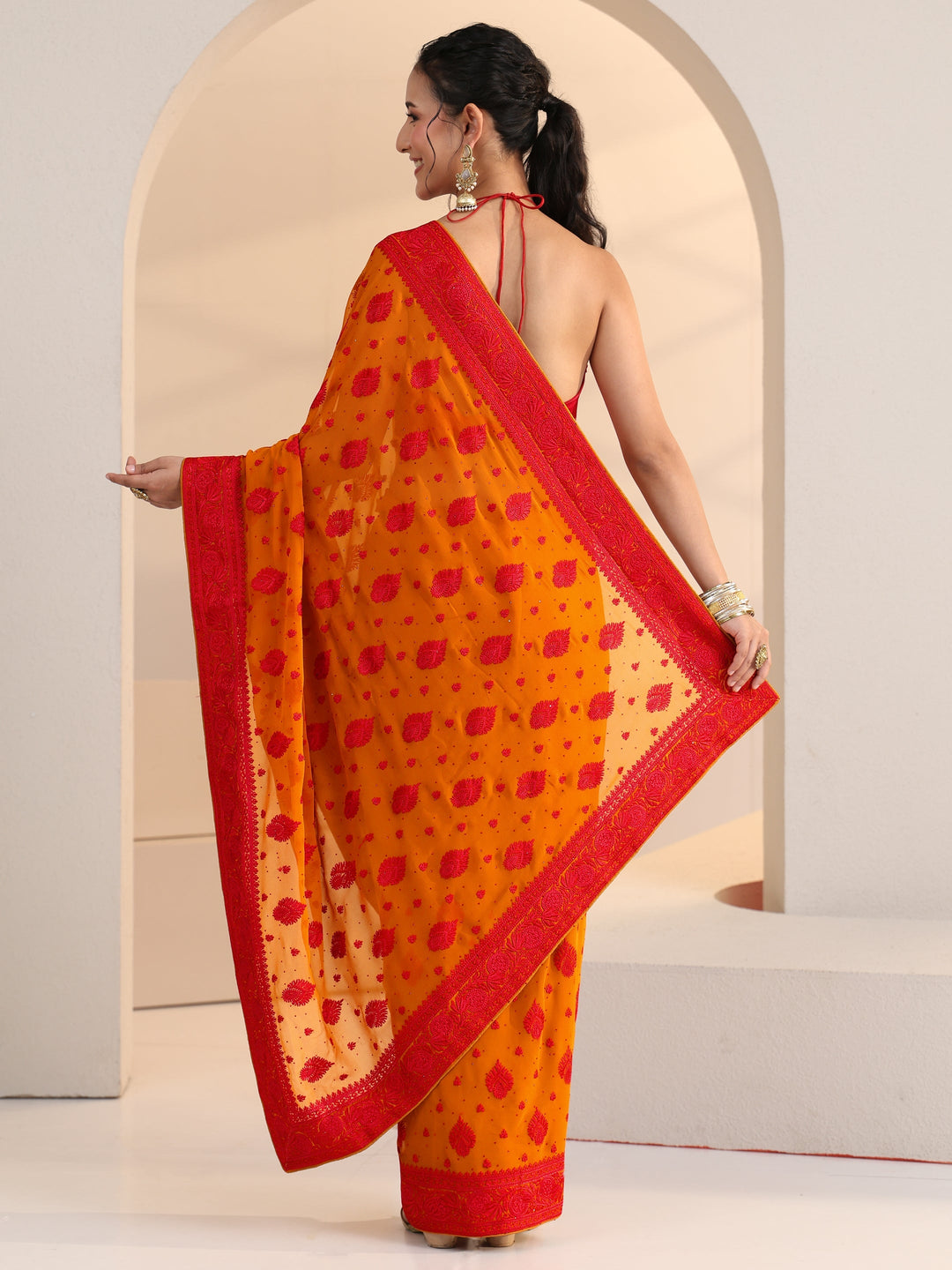 Libas Pulp Orange Georgette Saree with Embroidered Border