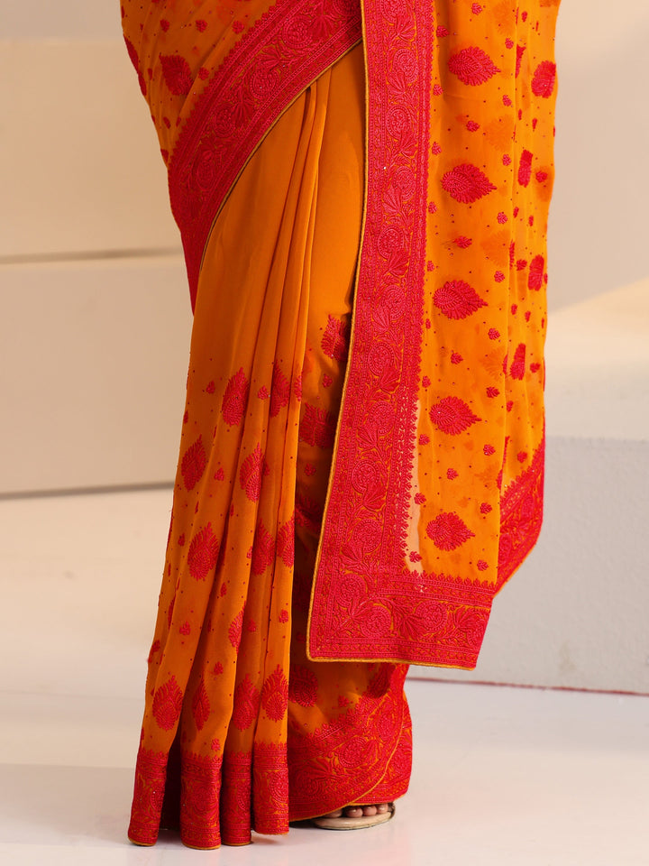 Libas Pulp Orange Georgette Saree with Embroidered Border