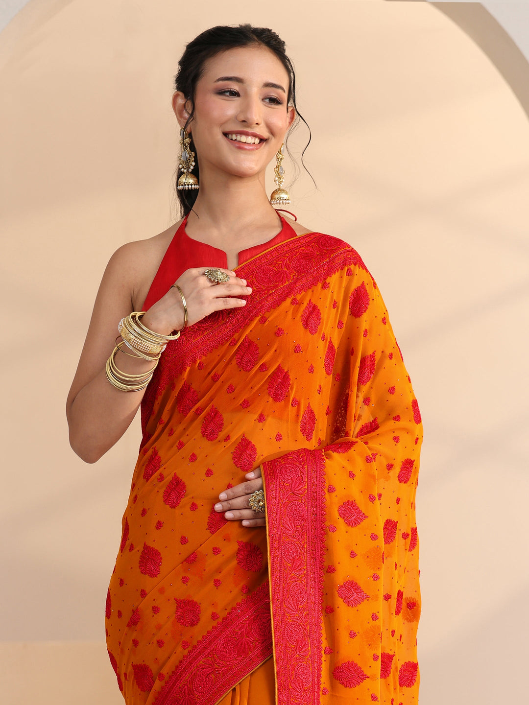 Libas Pulp Orange Georgette Saree with Embroidered Border