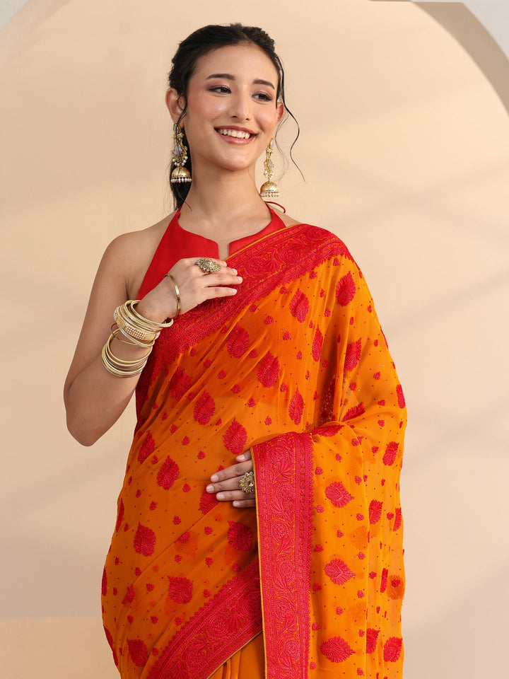 Libas Pulp Orange Georgette Saree with Embroidered Border