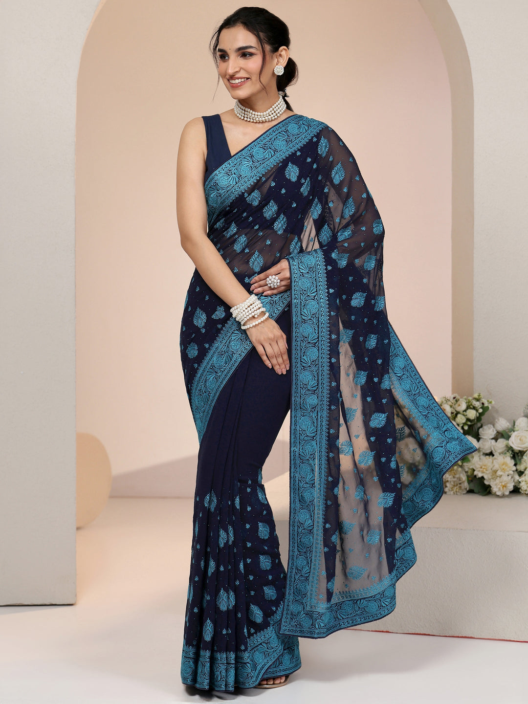 Libas Navy Georgette Saree with Embroidered Border