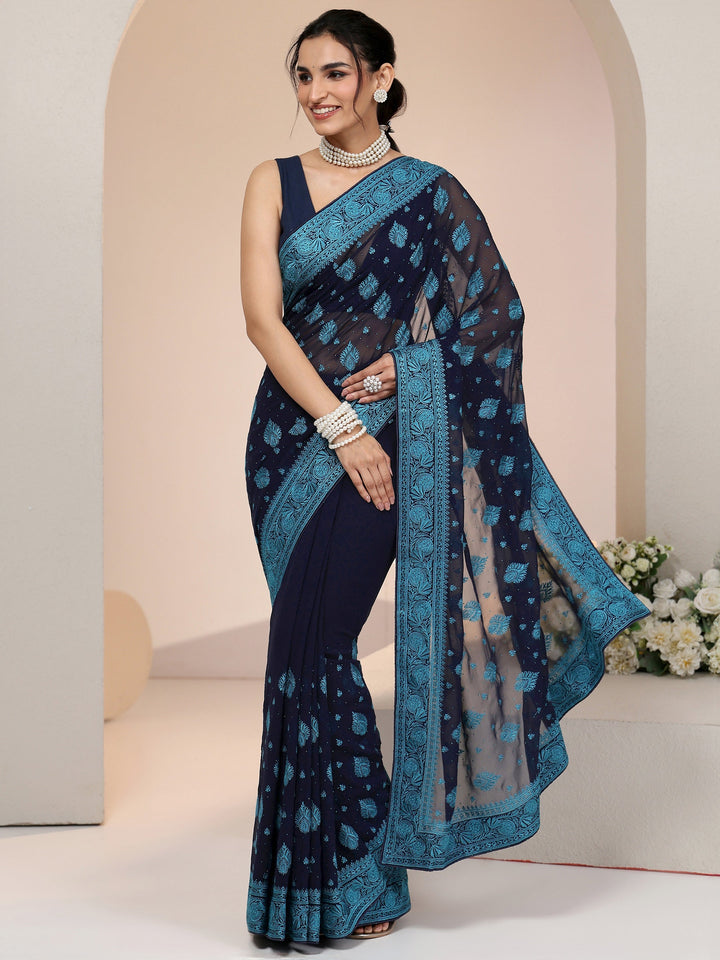 Libas Navy Georgette Saree with Embroidered Border