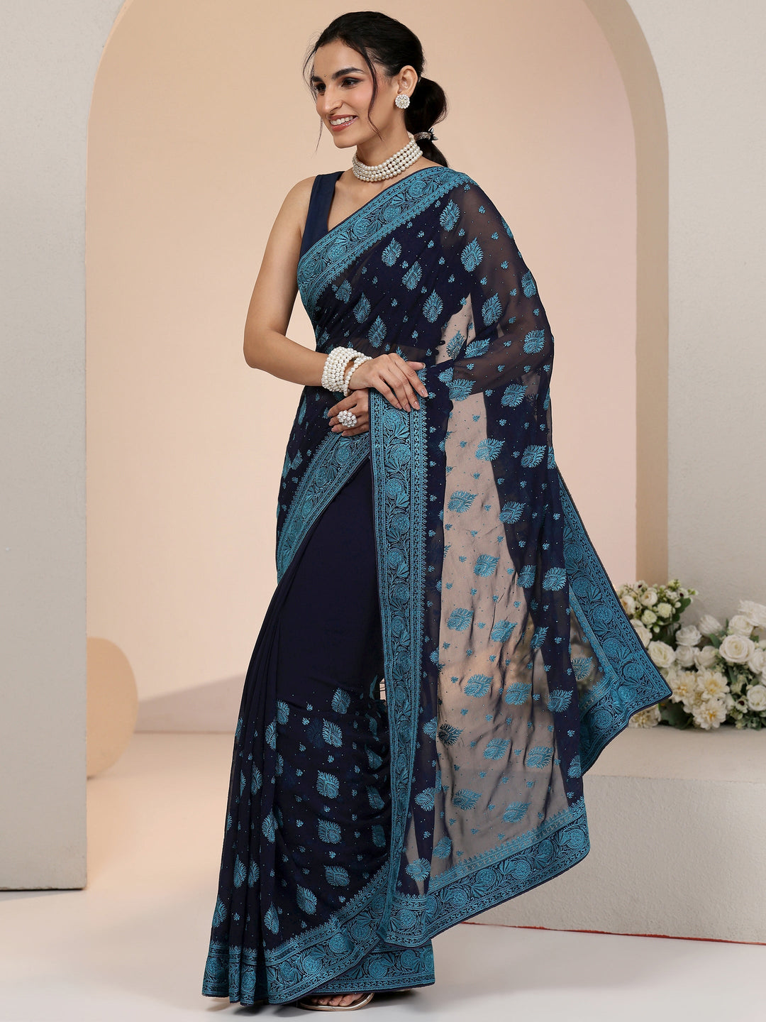 Libas Navy Georgette Saree with Embroidered Border