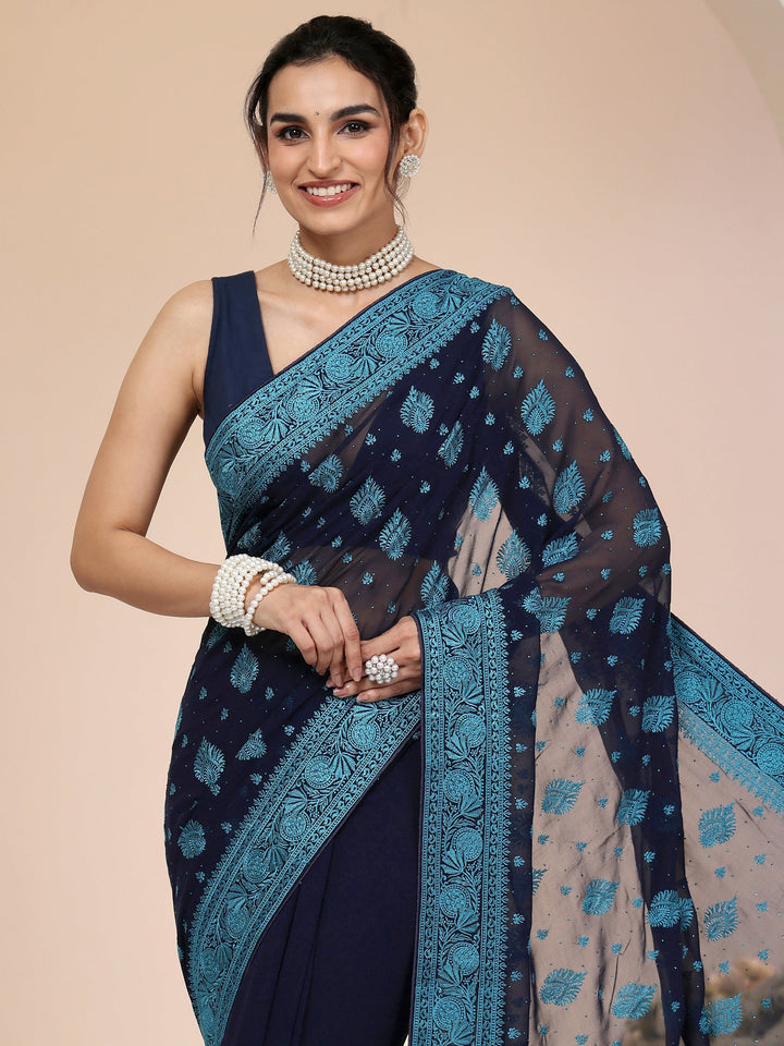 Libas Navy Georgette Saree with Embroidered Border