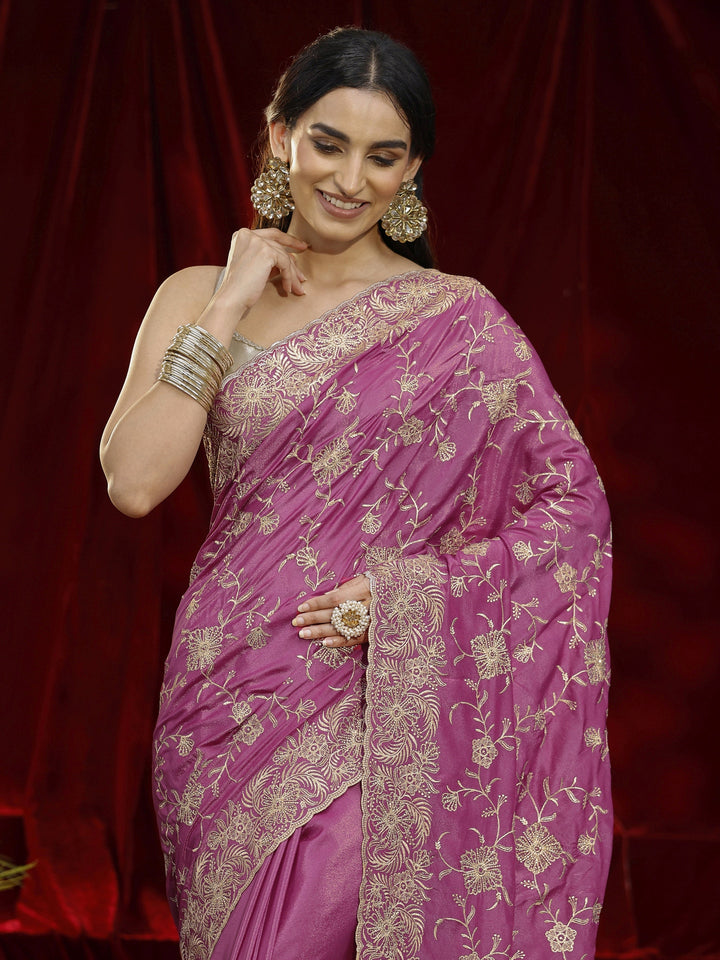 Libas Pink Floral Embroidered Satin Saree