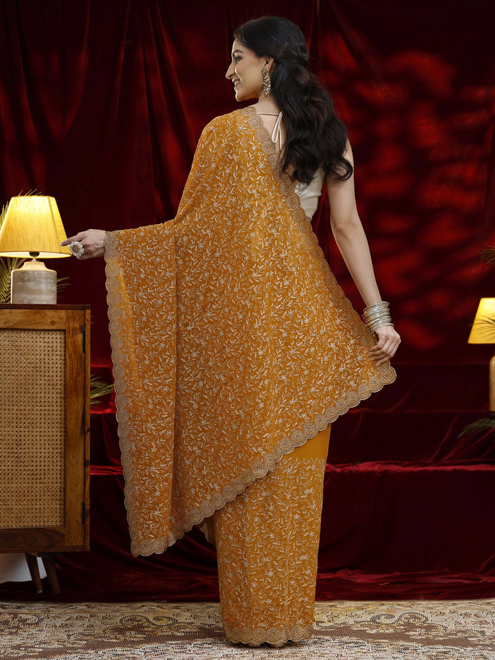 Libas Mustard Floral Embroidered Georgette Saree