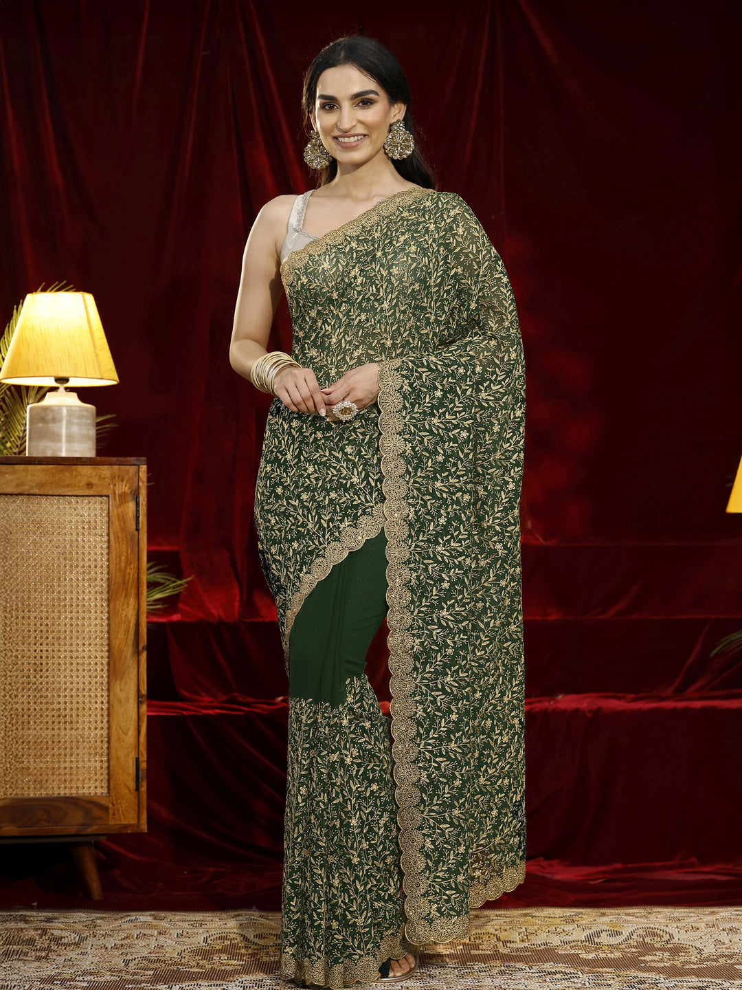 Libas Green Floral Embroidered Georgette Saree