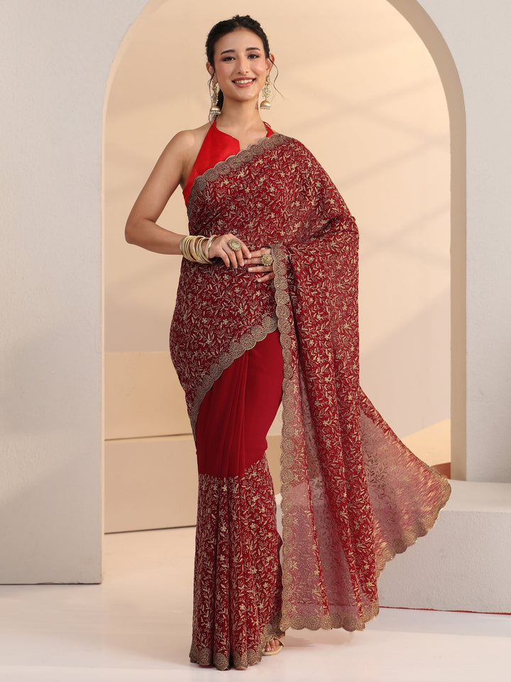 Libas Carmine Red Floral Embroidered Georgette Saree