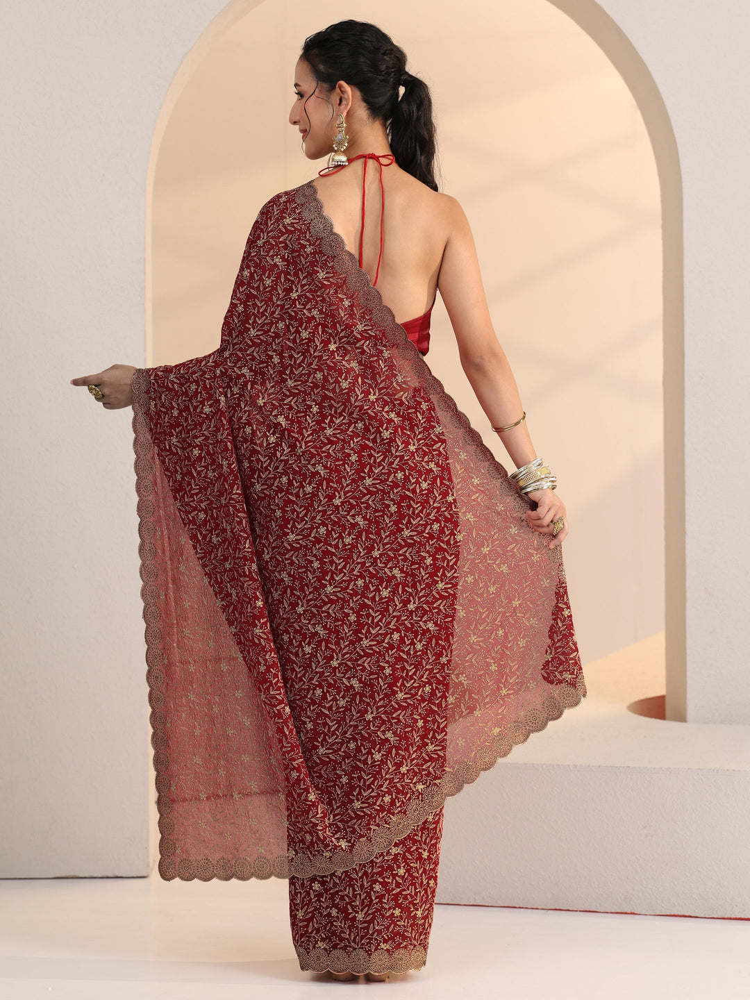 Libas Carmine Red Floral Embroidered Georgette Saree