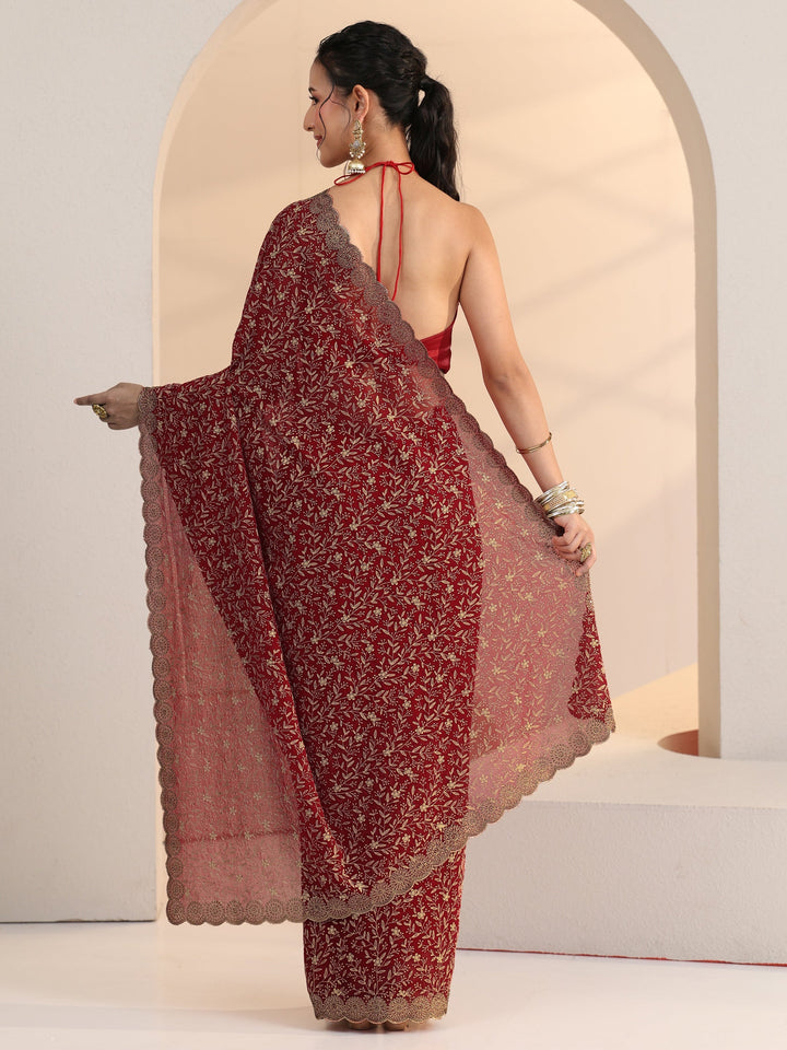 Libas Carmine Red Floral Embroidered Georgette Saree