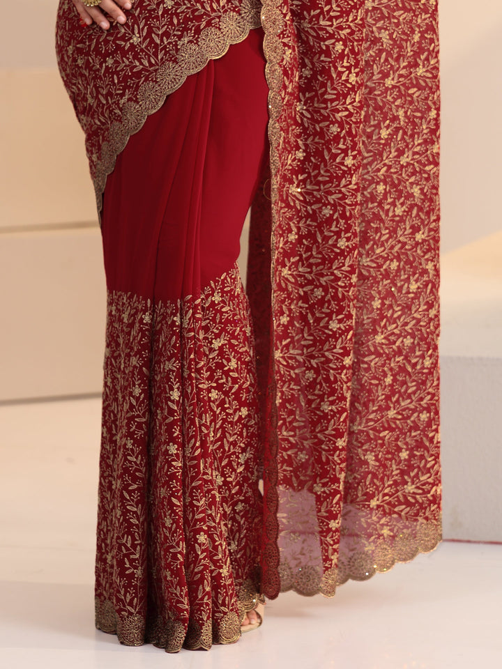 Libas Carmine Red Floral Embroidered Georgette Saree