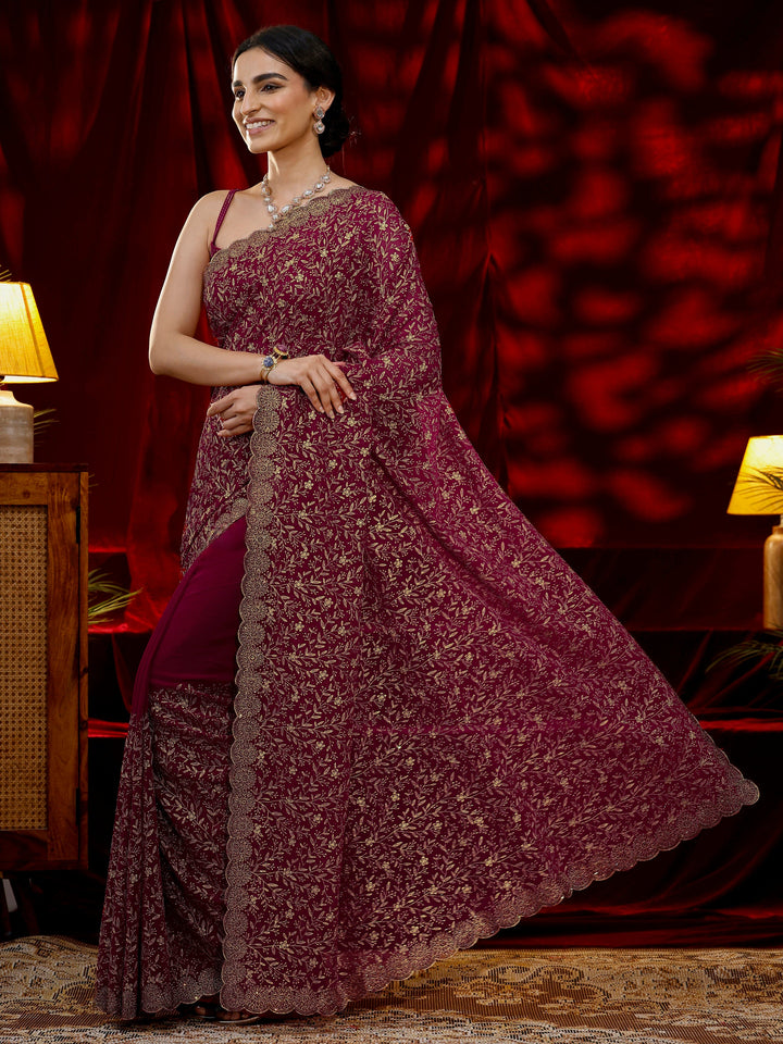 Libas Pink Floral Embroidered Georgette Saree