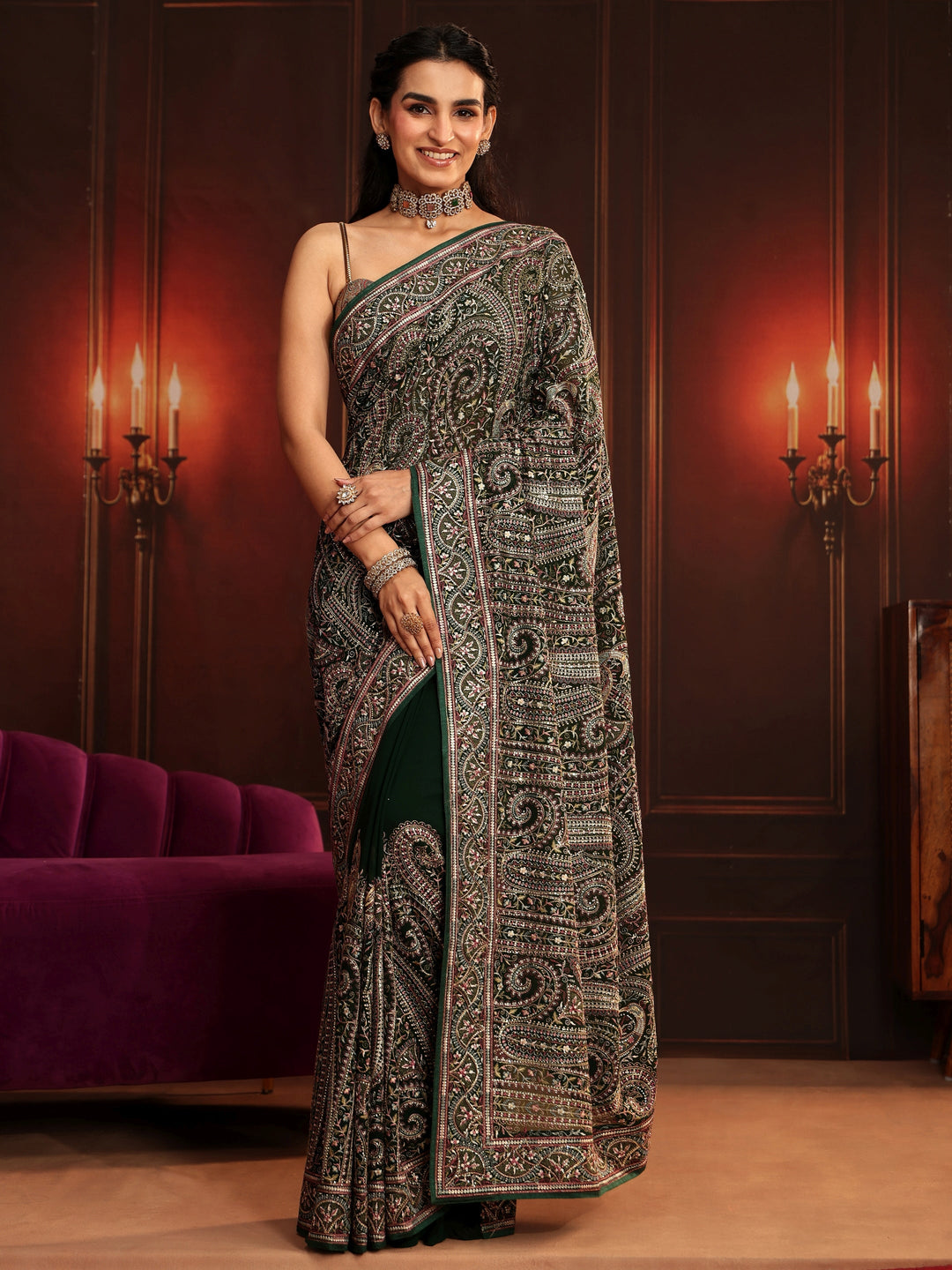 Libas Art Bottle Green Embroidered Georgette Saree