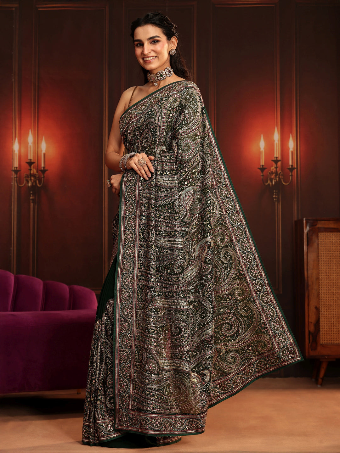 Libas Art Bottle Green Embroidered Georgette Saree