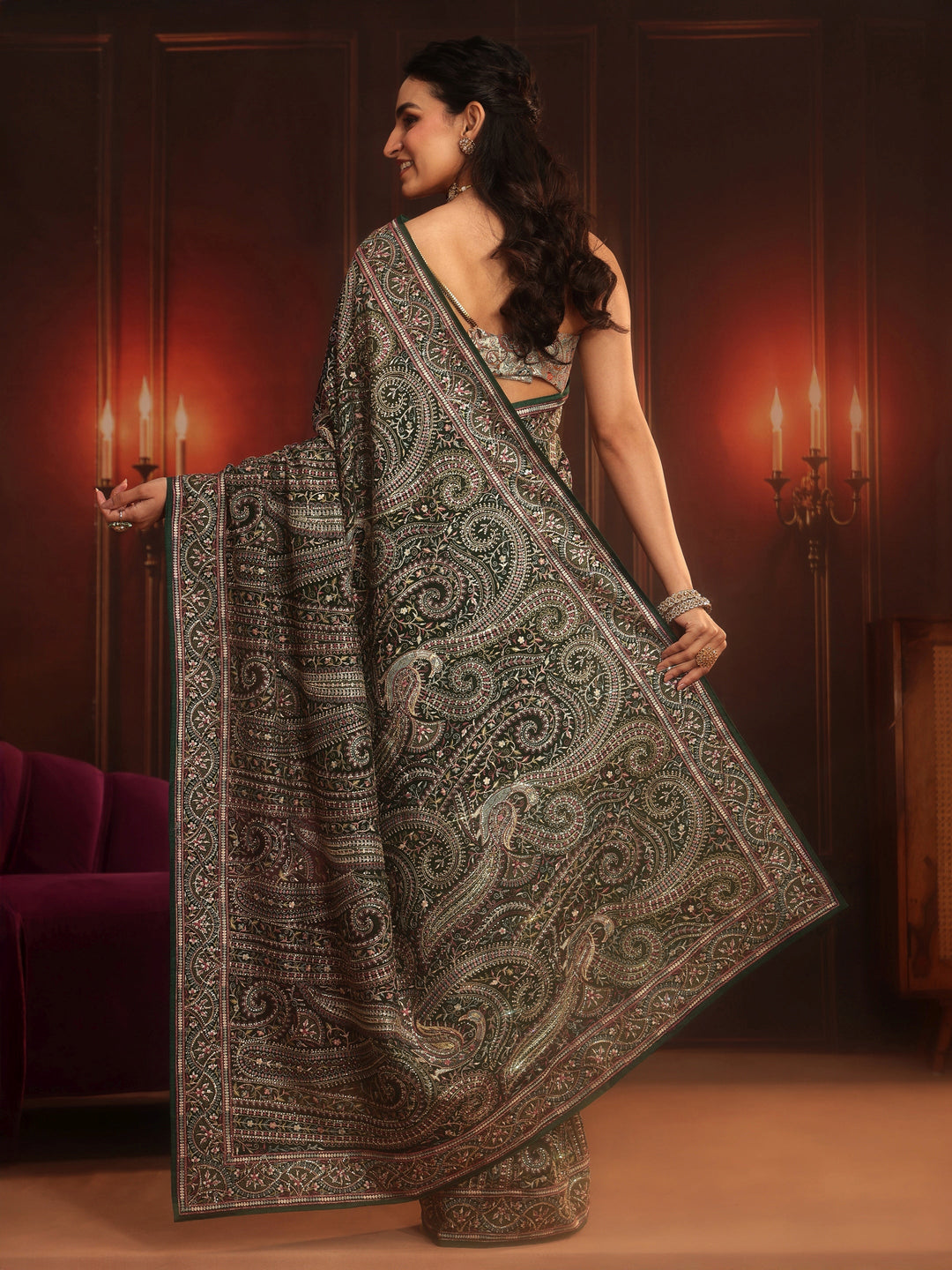 Libas Art Bottle Green Embroidered Georgette Saree