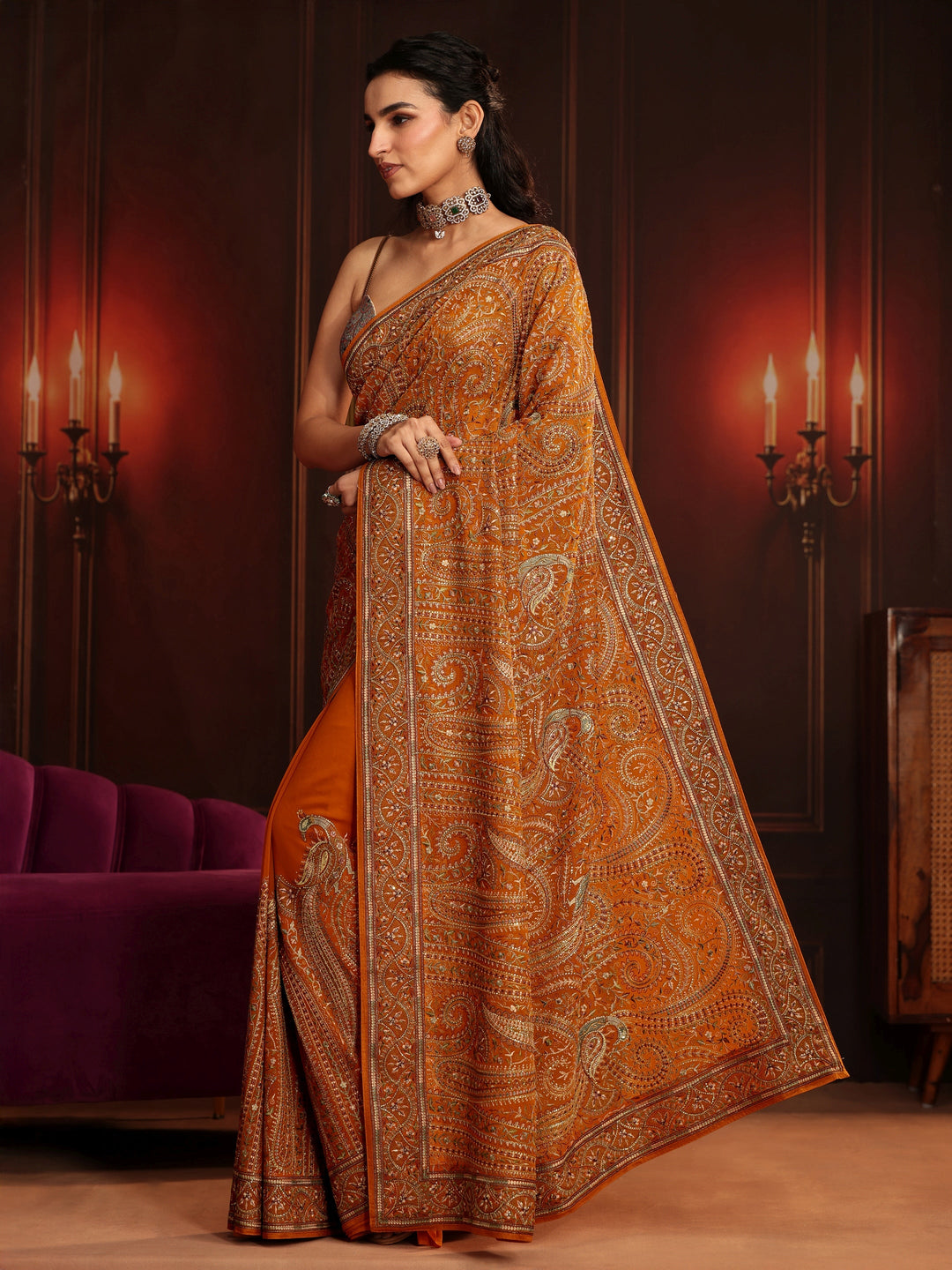 Libas Art Orange Embroidered Georgette Saree