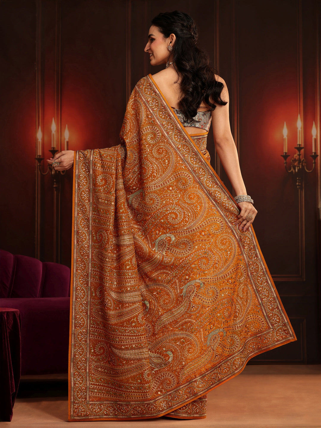 Libas Art Orange Embroidered Georgette Saree