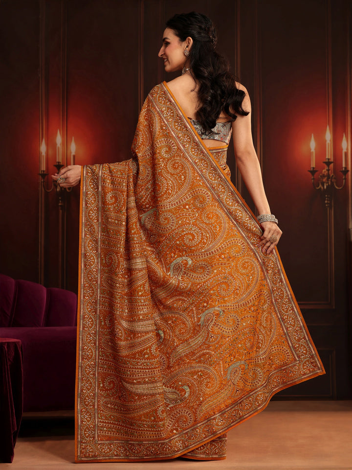 Libas Art Orange Embroidered Georgette Saree