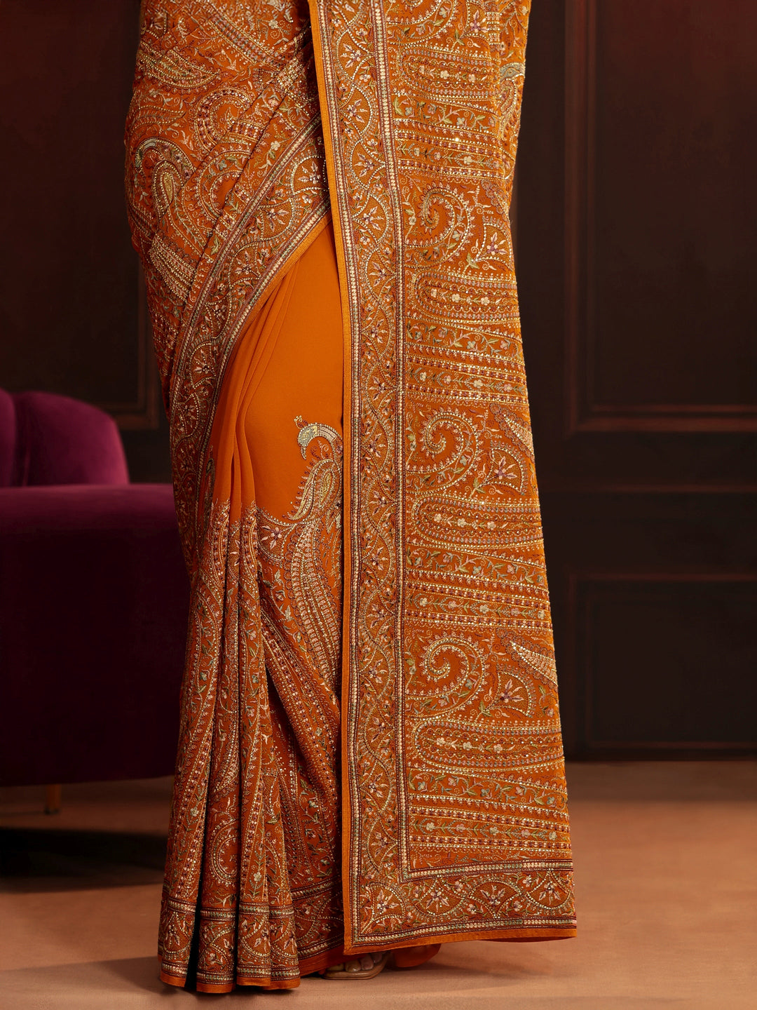 Libas Art Orange Embroidered Georgette Saree