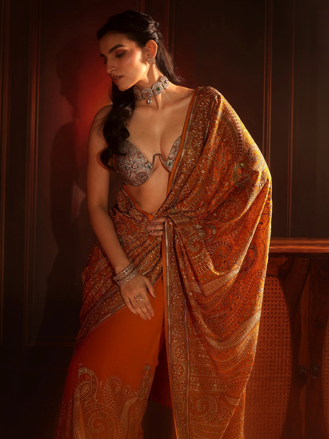 Libas Art Orange Embroidered Georgette Saree