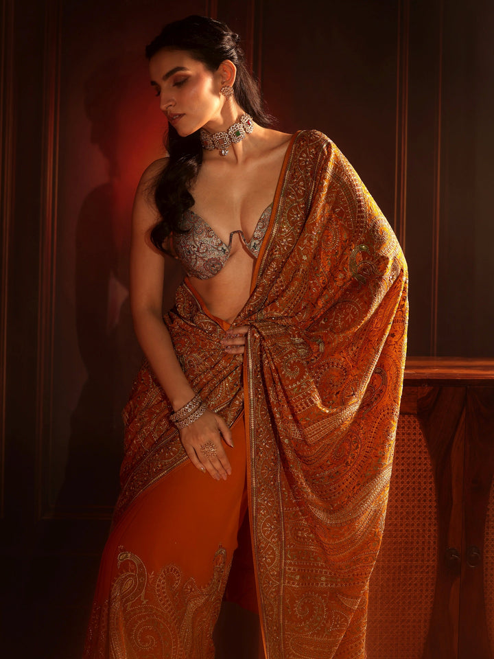 Libas Art Orange Embroidered Georgette Saree
