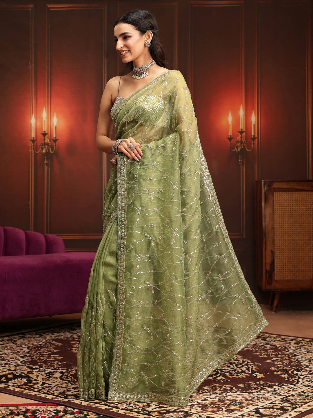 Libas Art Pista Green Embellished Tissue Saree