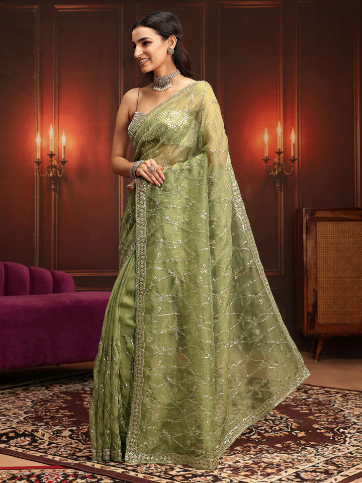 Libas Art Pista Green Embellished Tissue Saree