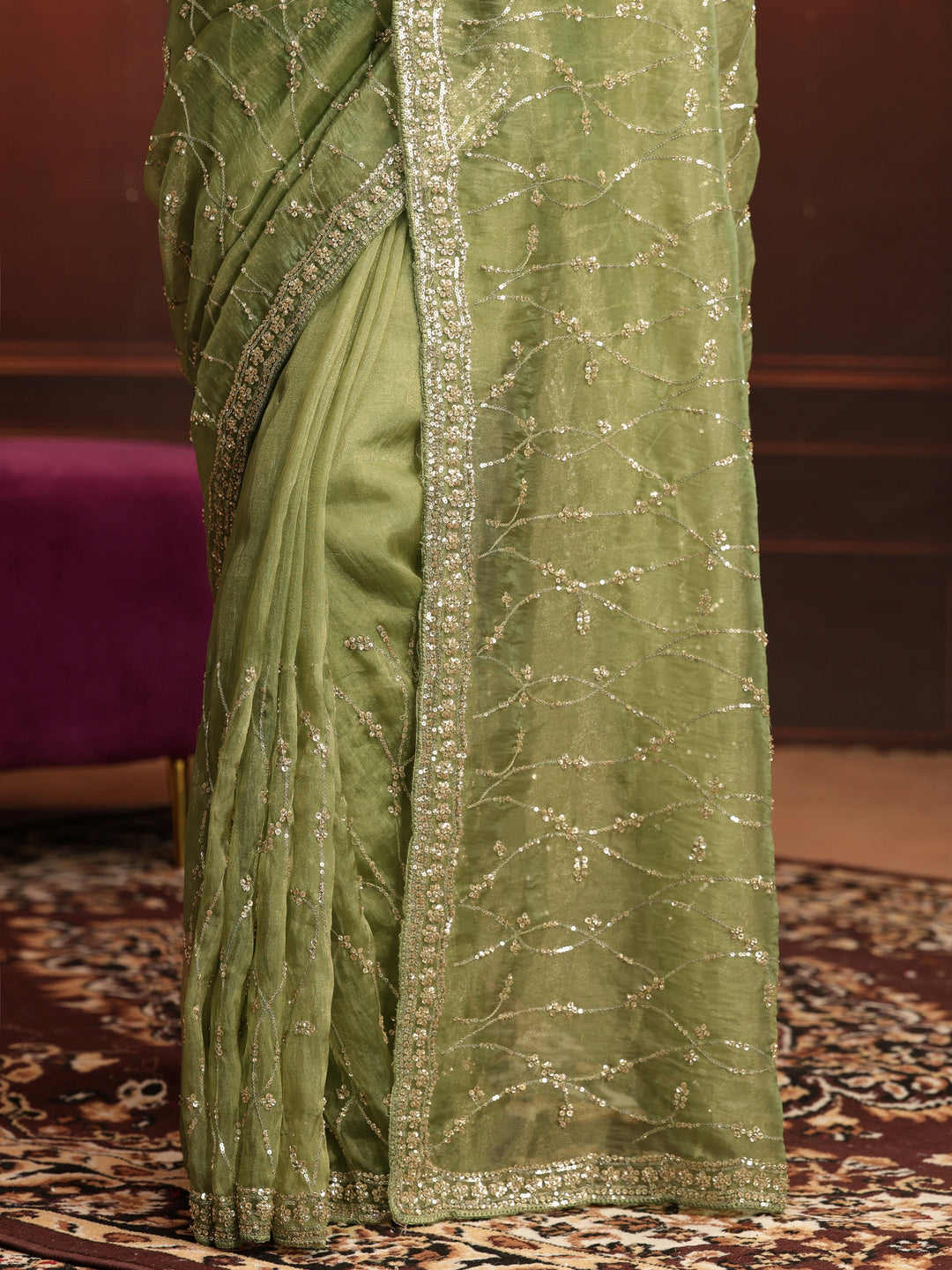 Libas Art Pista Green Embellished Tissue Saree