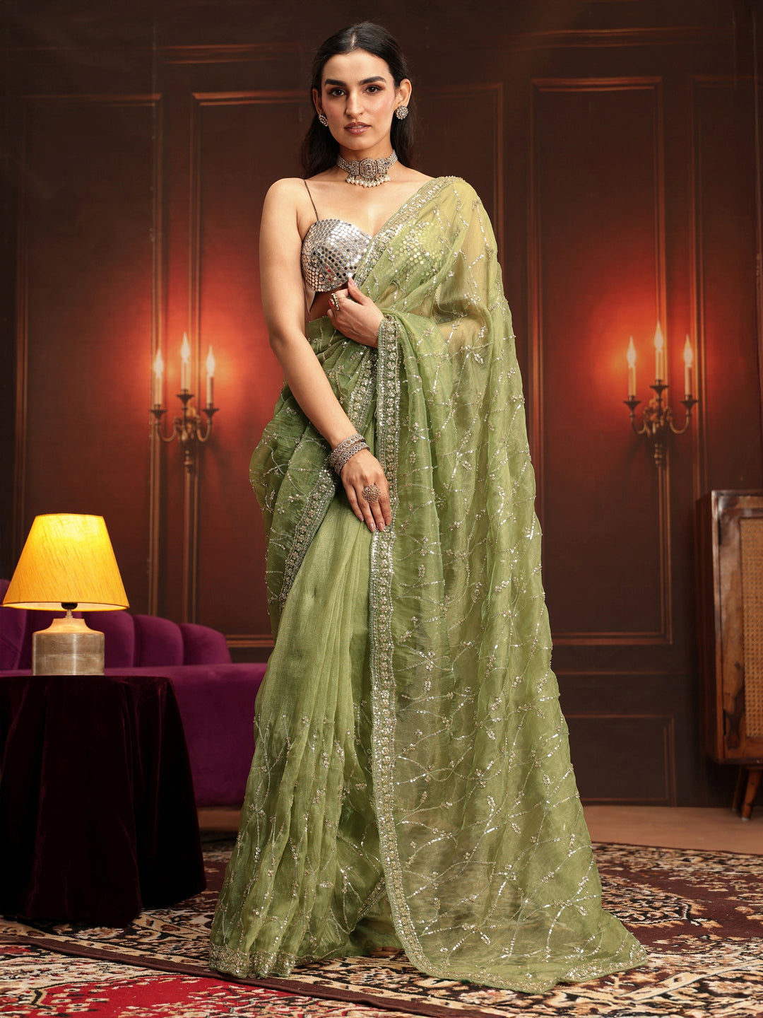 Libas Art Pista Green Embellished Tissue Saree
